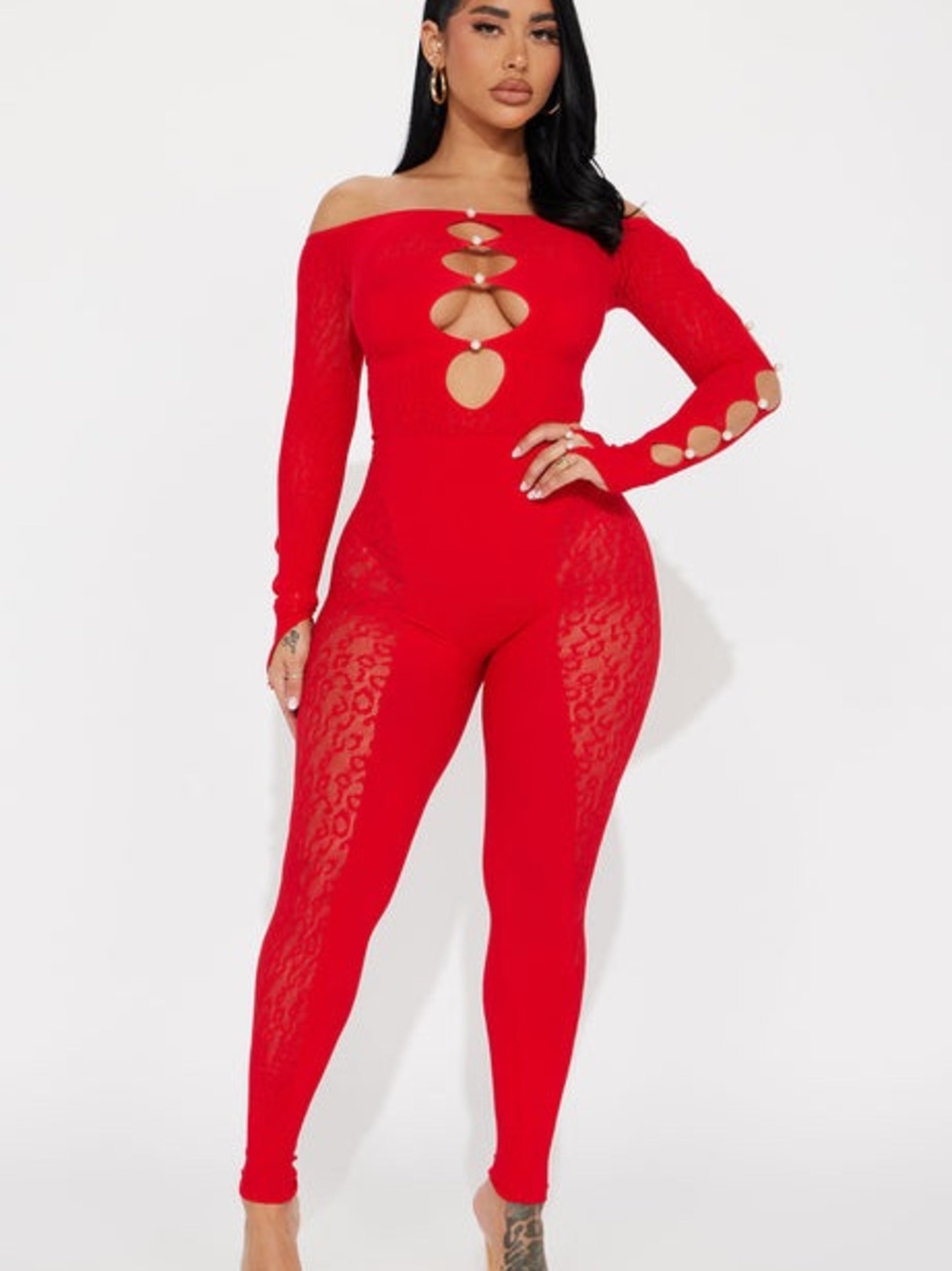 Fashion Nova Red Off-Shoulder Cutout Lace Jumpsuit
